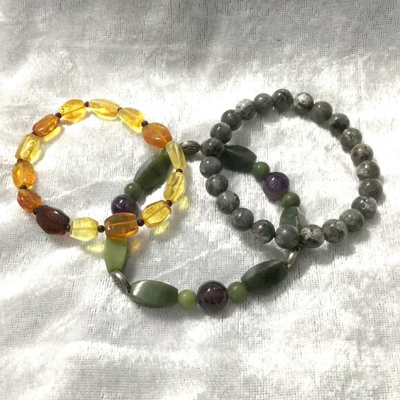 3pc Natural Stone Stretch Bracelet Set - Mixed Gemstone Beads Boho Stackable - Picture 2 of 14